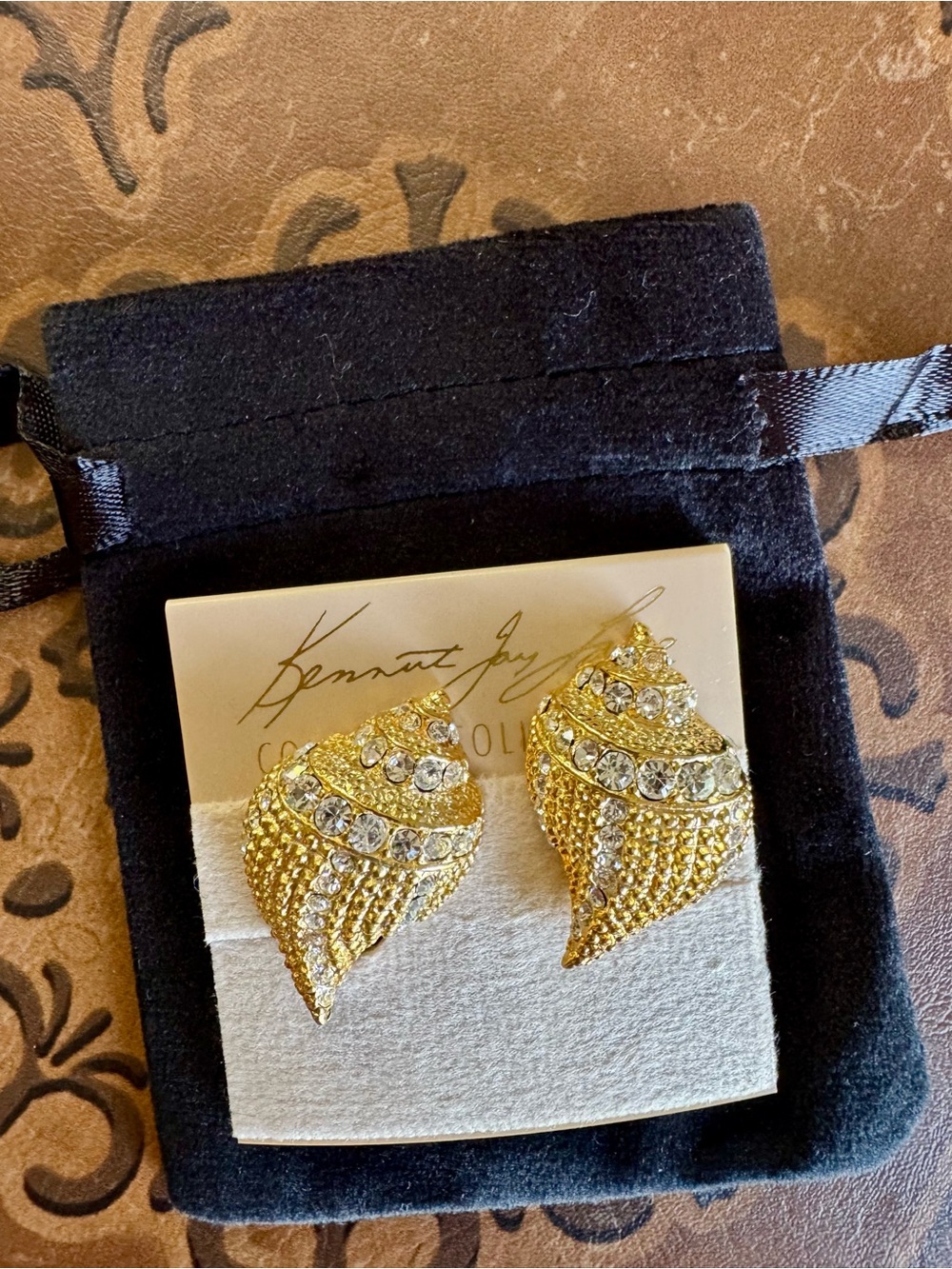 Kenneth Jay Lane Gold and Clear Crystal Shell Clip-On Earrings